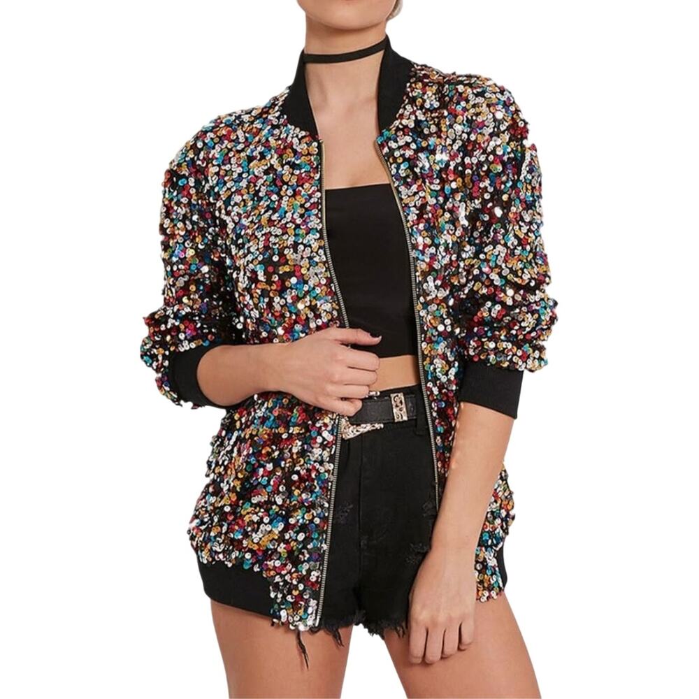 Cresay Mermaid Rainbow Sequin Bomber Jacket Size 2X